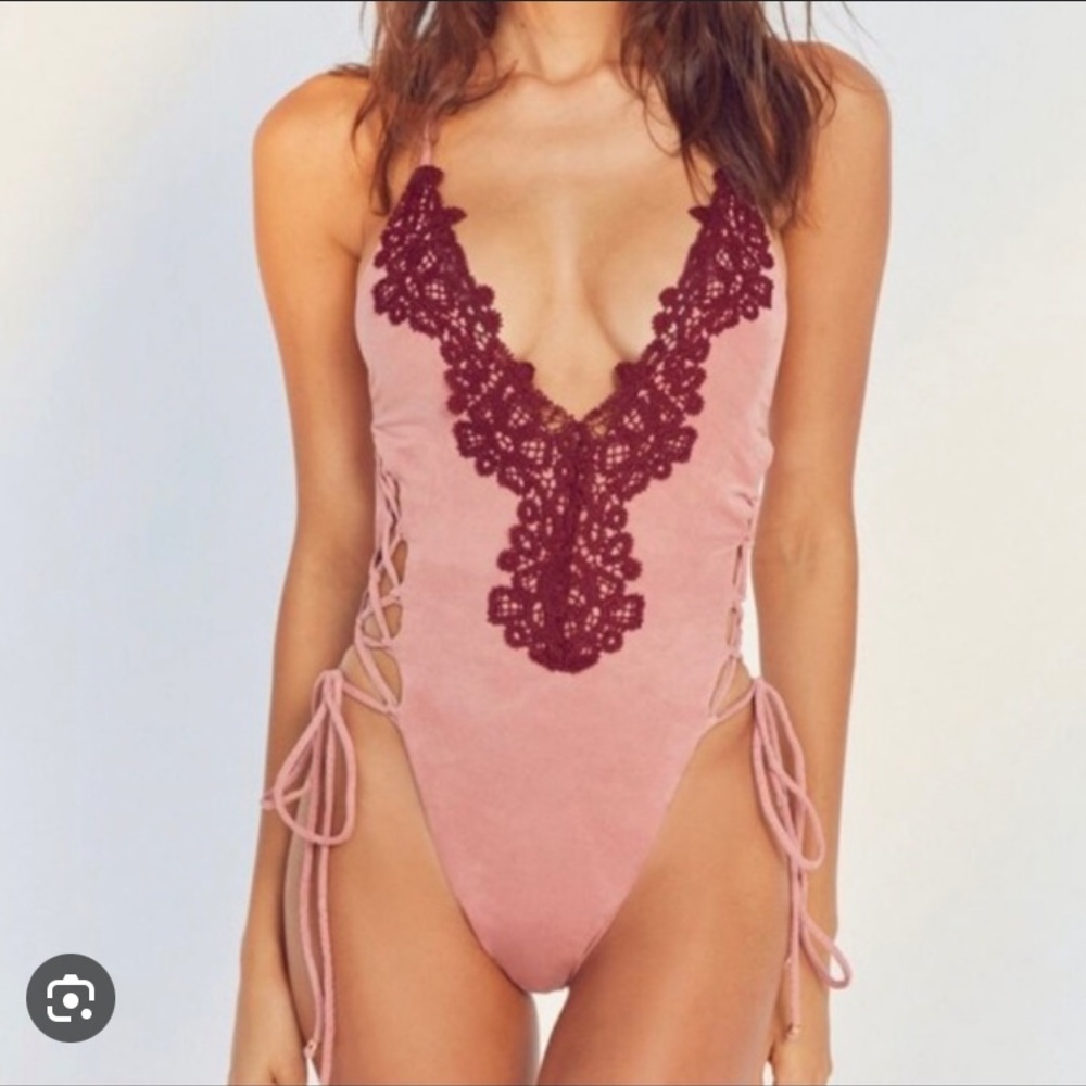 Blue Life Pink One-Piece Swimsuit with Burgundy Lace Trim